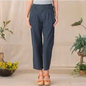 Sundance 'Vie De Reve' Cotton/Linen Navy Check High Rise Paperbag Ankle Pants 8